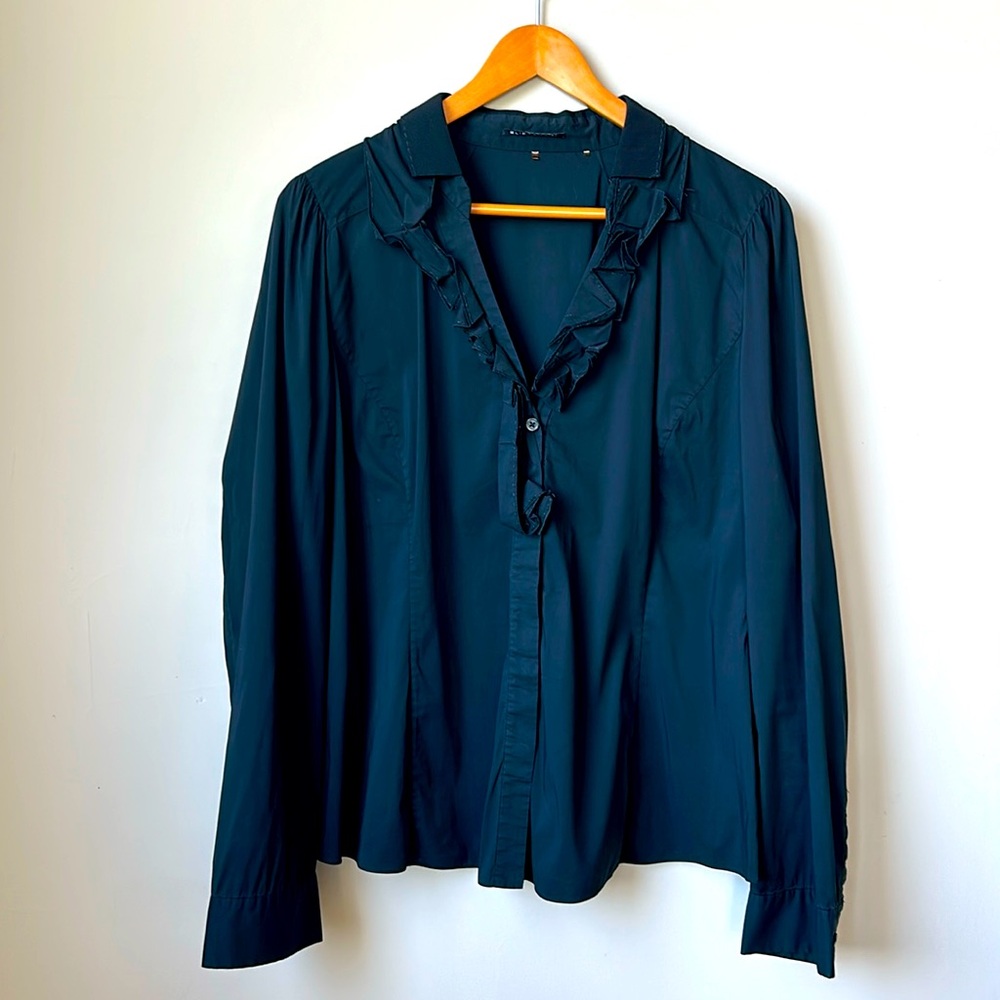 ELIE THARI black button down blouse with unique collar detail size XL